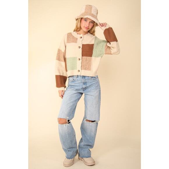 VERY J Color Block Button Down Textured Knit Cropped Sweater Cardigan | Oatmeal - Picture 9 of 10